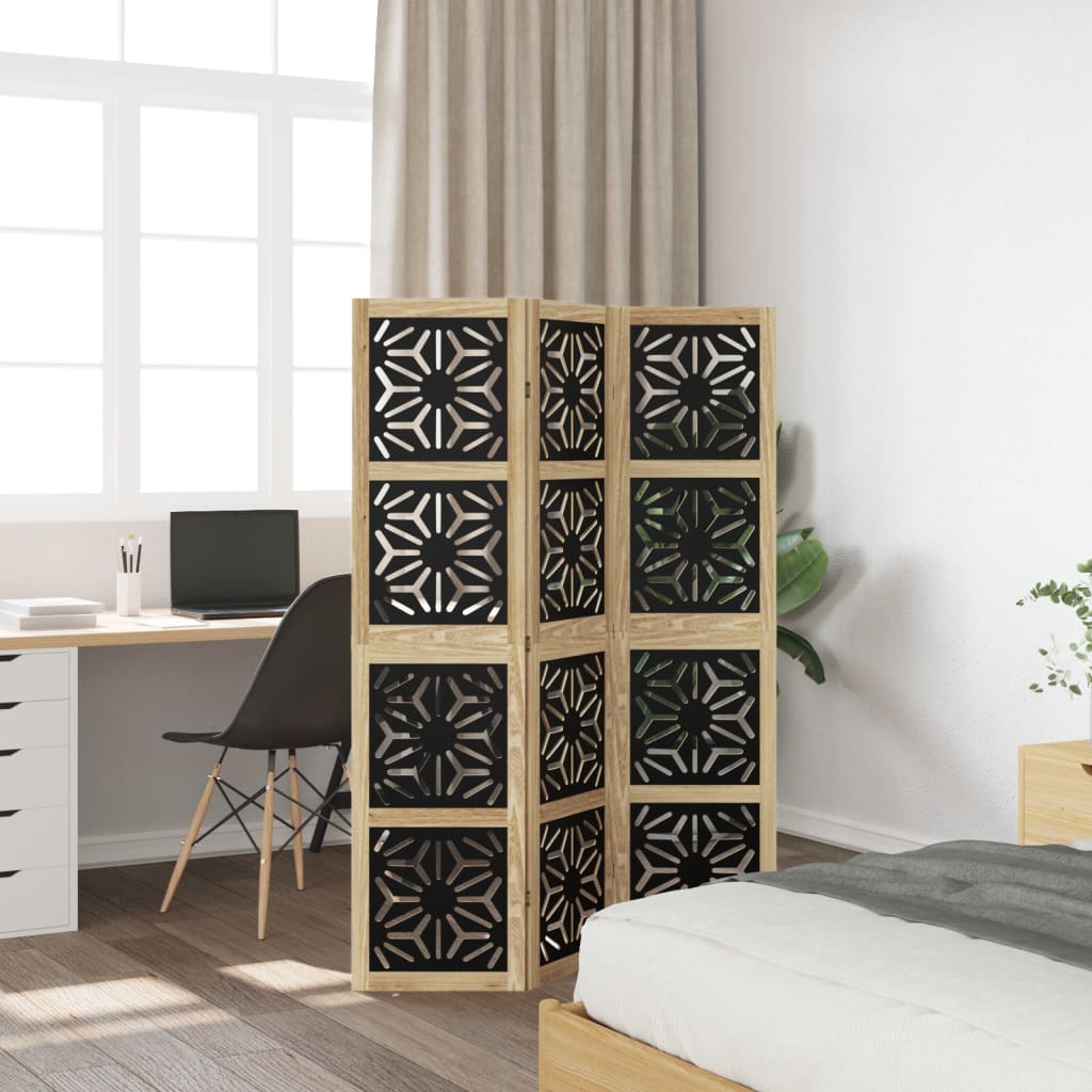 3 Panel Room Divider Brown and Black Solid Wood Paulownia