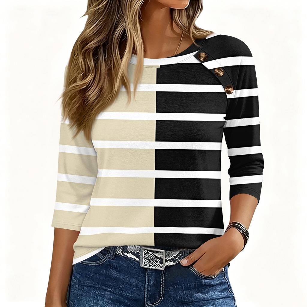Damen T-Shirt mit 3/4 Ärmeln, Rundhalsausschnitt, Knöpfen, Lässiger Streifenprint, Lockerer Pullover für den täglichen Gebrauch, Büro, Schule, Reisen