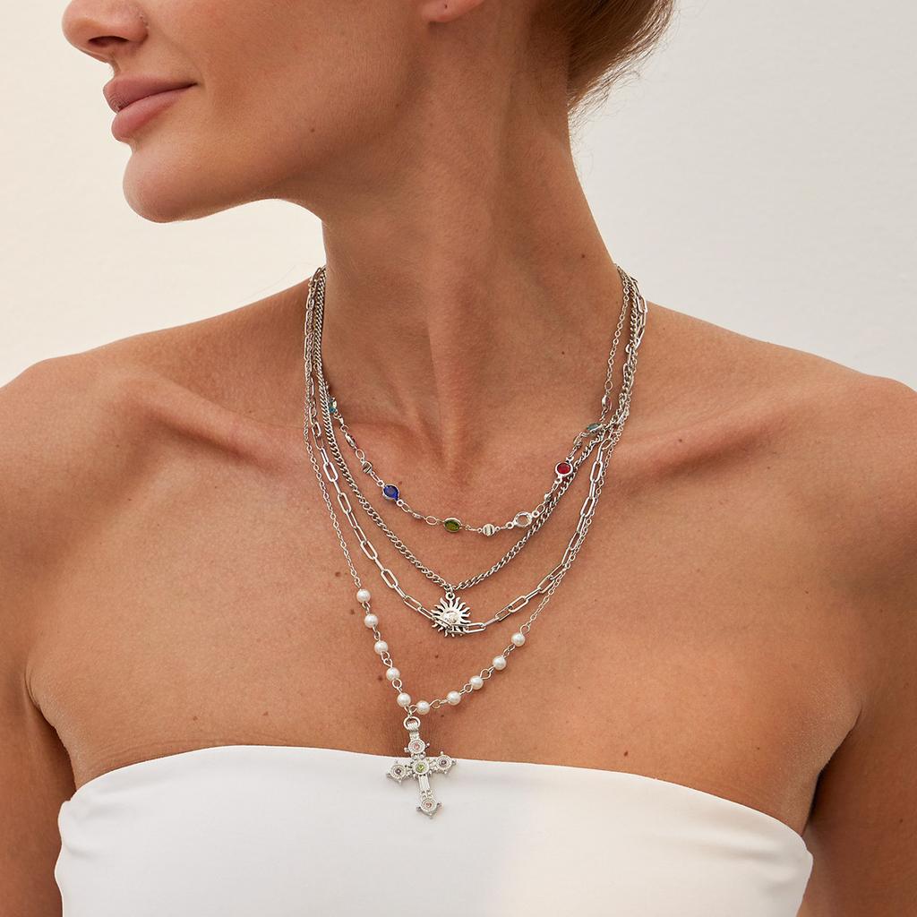 Light Luxury Colored Crystal Chain Stacked Long Necklace, Diamond-Encrusted Cross Pendant Collarbone Necklace