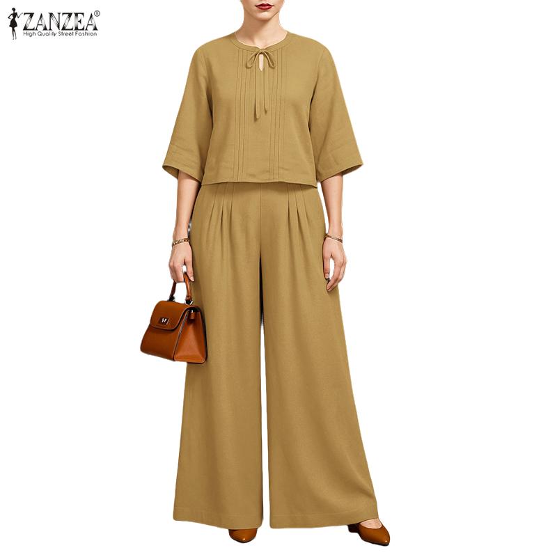 ZANZEA Bluză și pantaloni cu mâneci 3/4 pentru femei Seturi de costume casual din două piese