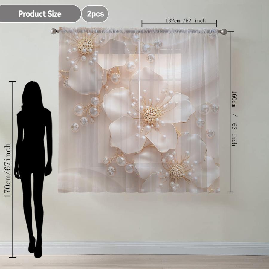 2PCS Digital Printed Sheer Curtain, Misty Gold Bead Flowers, Dreamy Luxe Ethereal Floral for Living Room Bedroom Home Decor
