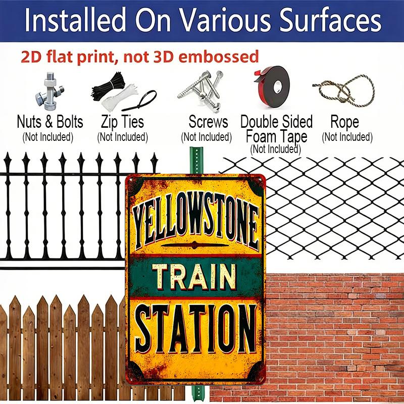 2D Flaches Yellowstone Bahnhofs-Schild aus Metall im Vintage-Stil - 20x30 cm, Aluminium-Wandkunst für Zuhause, Garage, Bar, Bauernhaus-Dekoration, Metall-Wandkunst-Dekoration
