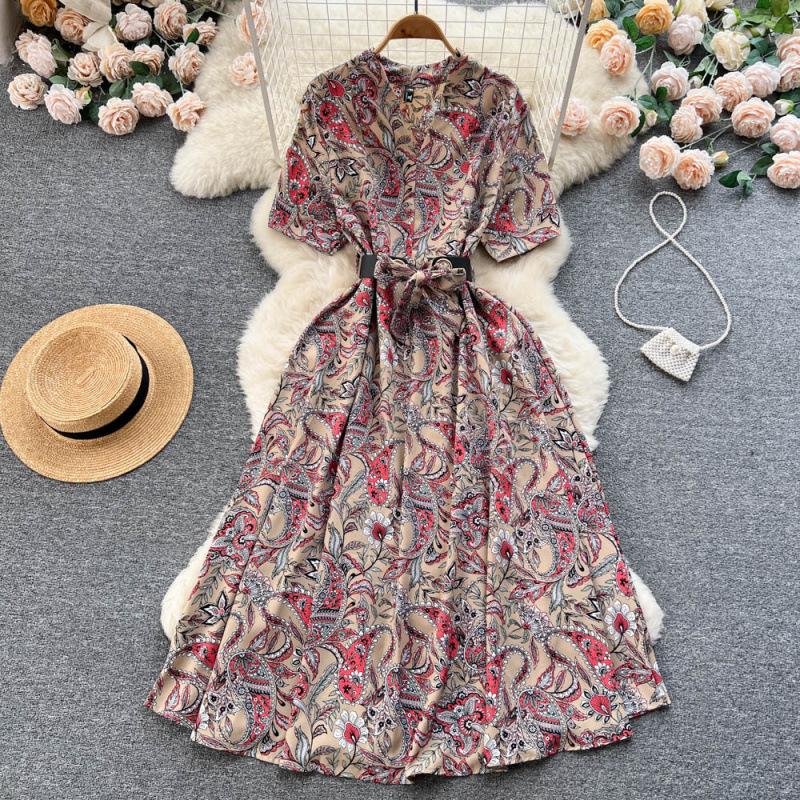Summer new temperament shirt dress women's print waist over knee pendulum celebrity floral long skirt tide