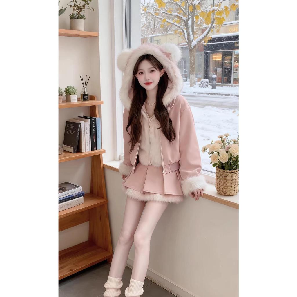Dicke Rosa Blumen-Kapuzenjacke & Rock Set für Damen - Herbst/Winter Schulstil
