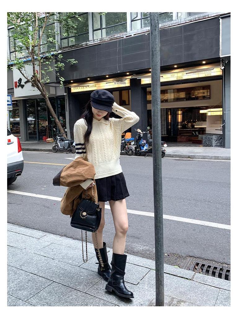 European Dark Blue Striped Lapel Sweater for Women - Spring/Autumn 2026 Cable Knit Top