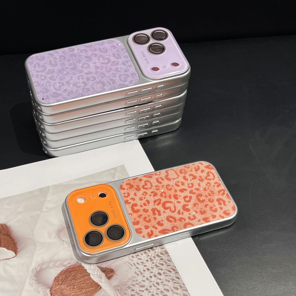 Luxury Leopard Large Window Case for iPhone 17 16 15 14 13 12 Pro Max Veneer Leather Silver Edge Hard PC Back Cover