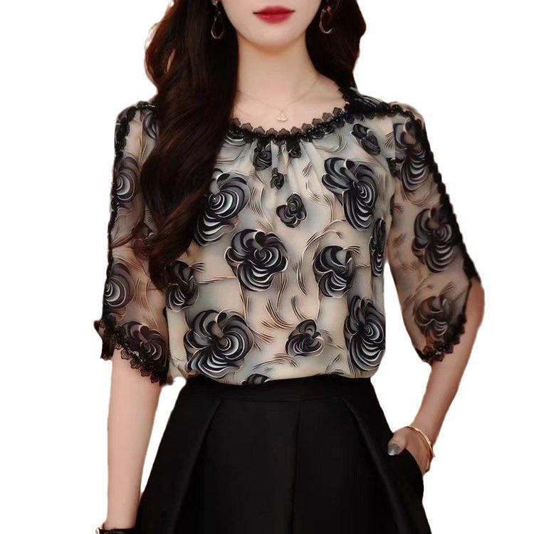 Fashionable and Age-reducing Printed Design Versatile Shirt Summer Loose Slimming Western Style Lace Versatile Top