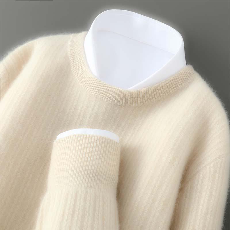 Men's Casual Round Neck Jacquard Wool Sweater - Loose Fit Pullover