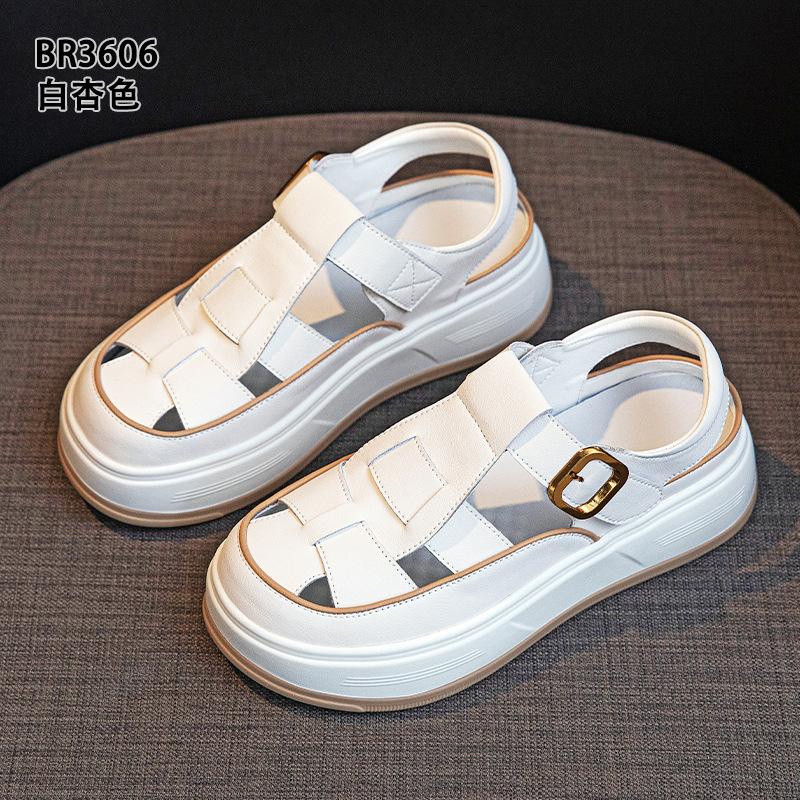 Baotou sandals summer new leather hollow woven muffin thick sole wear beach casual shoes