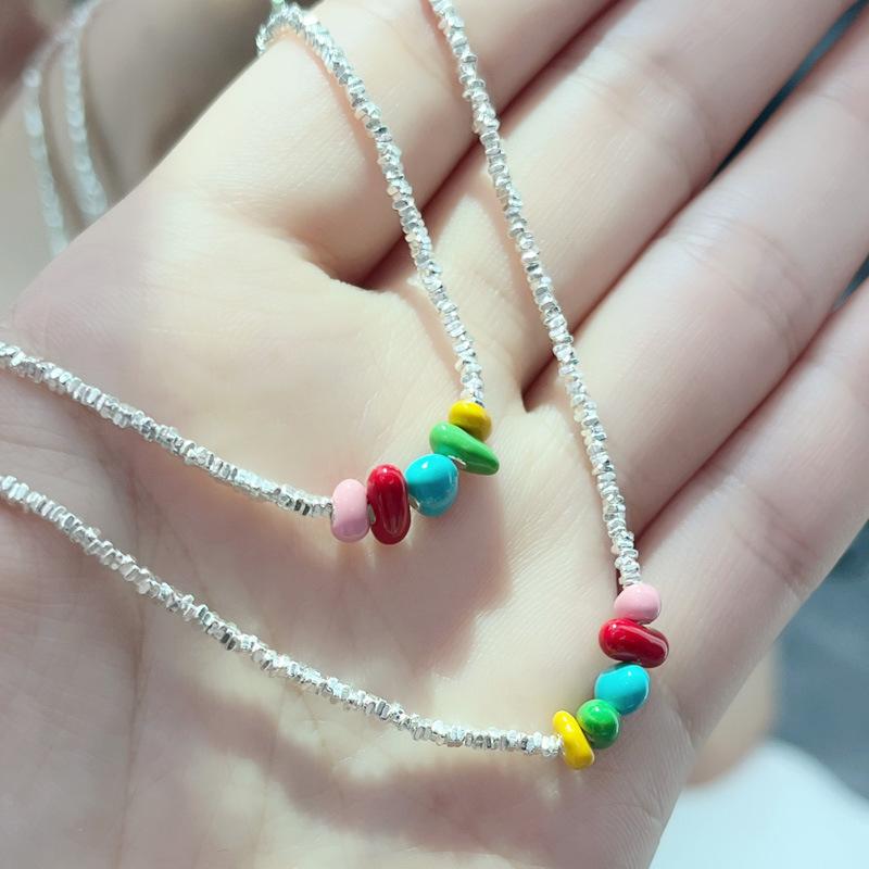 S925 Pure Silver Dopamine Color Bean Necklace Girl Bracelet Collarbone Chain