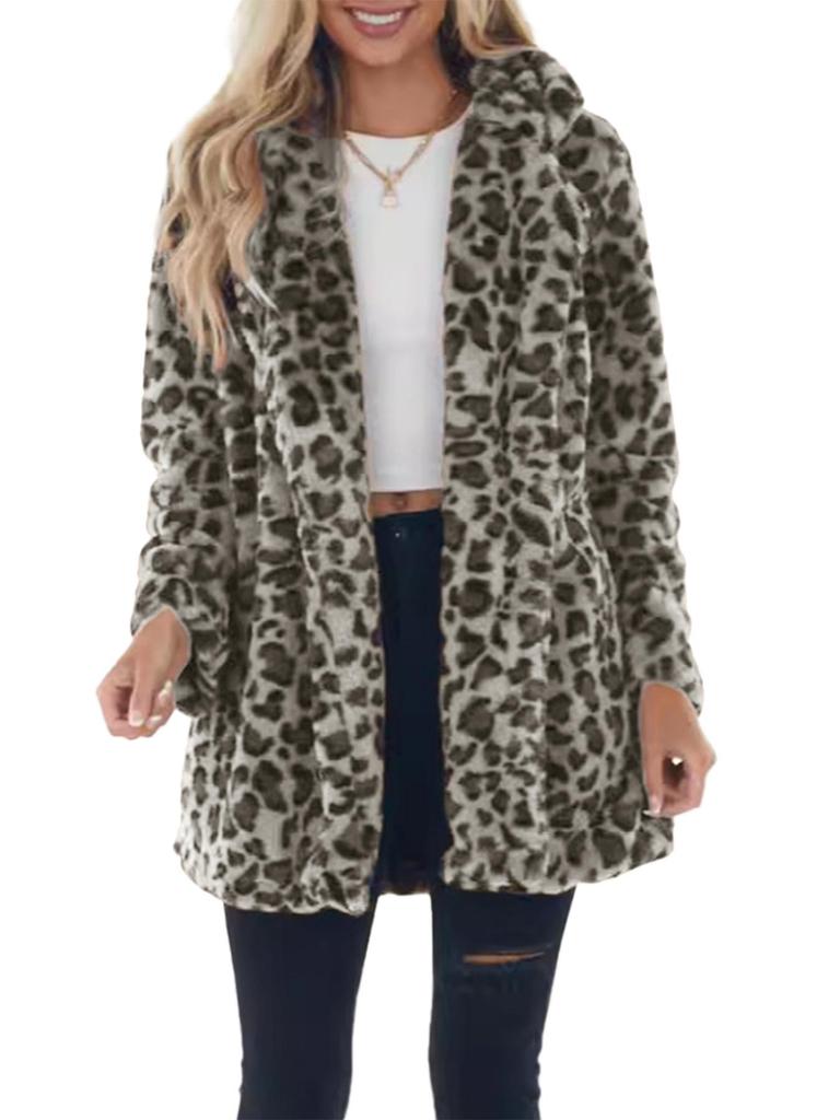 2024 Fall/Winter Leopard Print Women's Faux Fur Coat with Pockets - Plush, Loose Fit, Fashionable and Cozy
