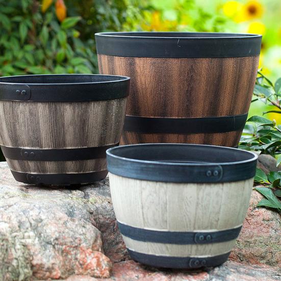 Flowerpot with Built-In Drainage System Rustic Barrel Style Decorative Garden Planter