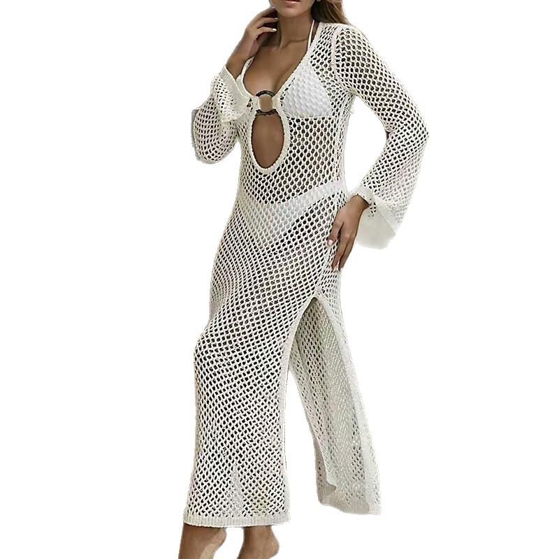 O Rochie de Plajă Decupată Nouă și la Modă, Haine de Protecție Solară cu Mânecă Lungă Uni și O Rochie Tricotată Sexy cu Fendă Laterală