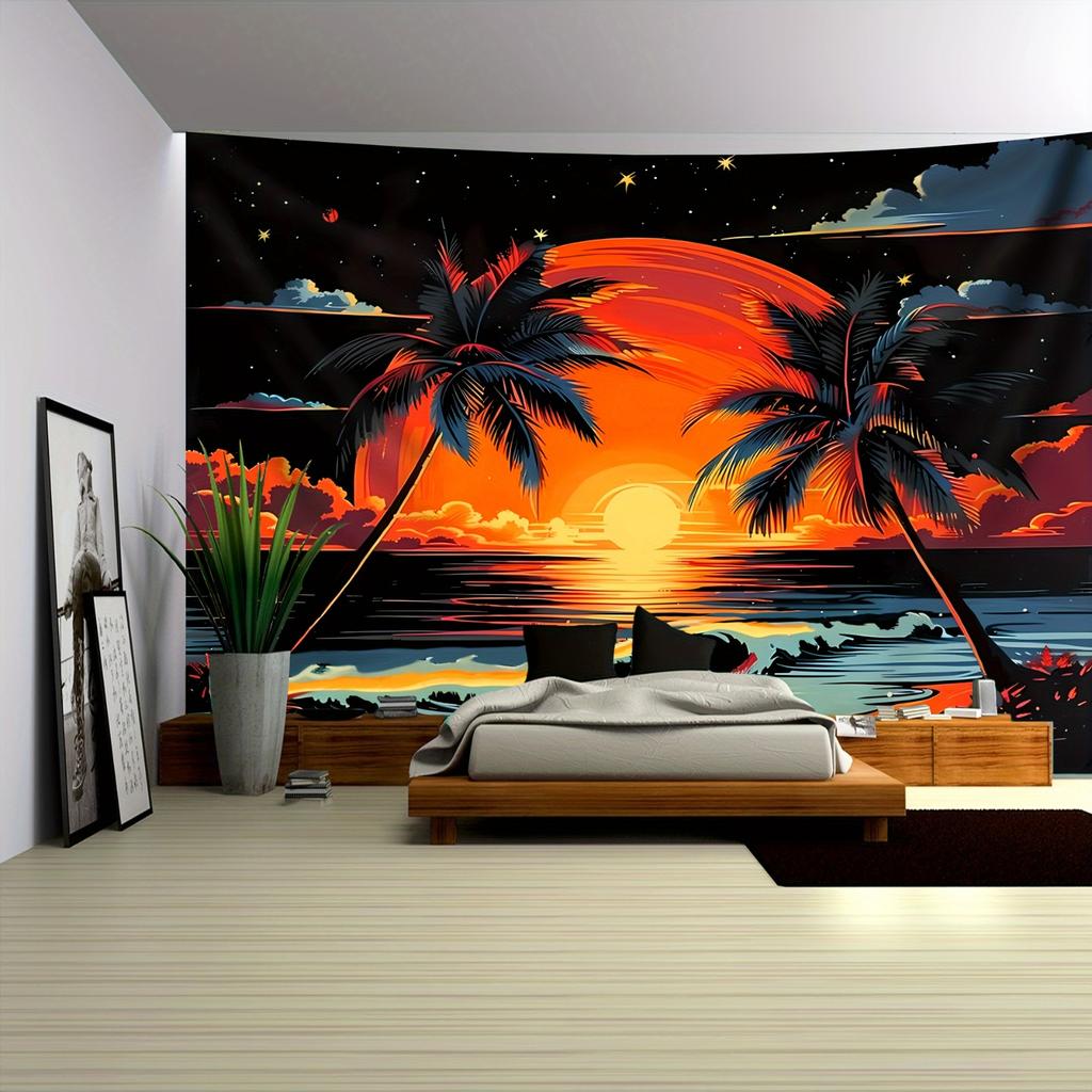 Vibrant Sunset Oasis Wall Tapestry For Modern Living Room Decor, Featuring A Stunning View Of A Fiery Orange Sun Setting