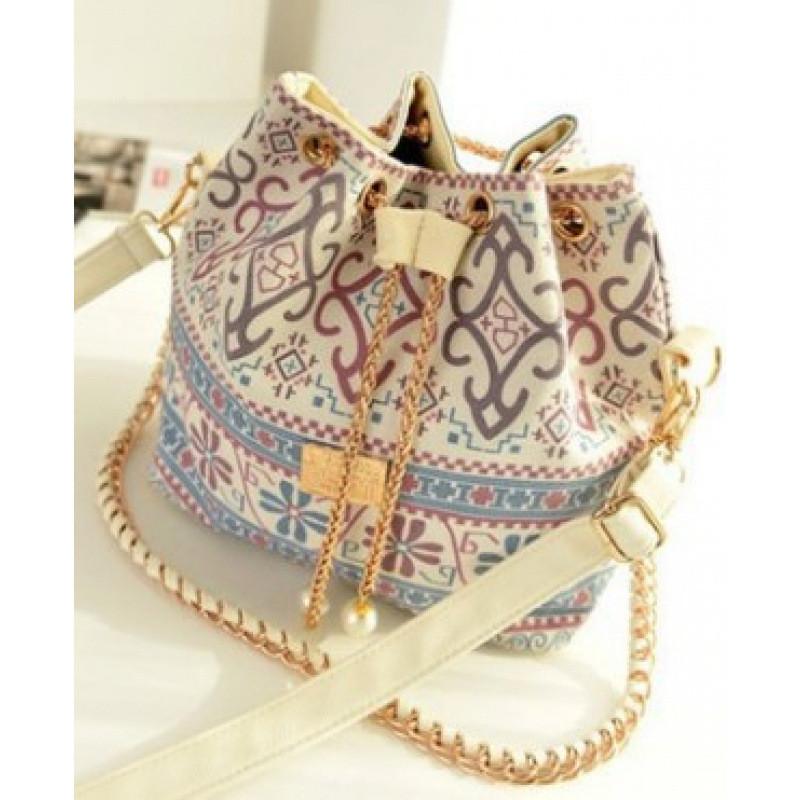 Oxford Canvas Bucket Bag For Women With Flower Print Design And Chain For Daily Use