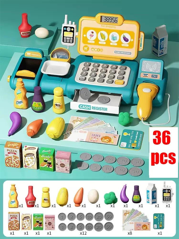 Non-Toxic 36-63Pcs Pretend Play Calculator Cash Register Toy Supermarket Shop Cashier Registers With Scanner Shopping Toys Gifts For Kids