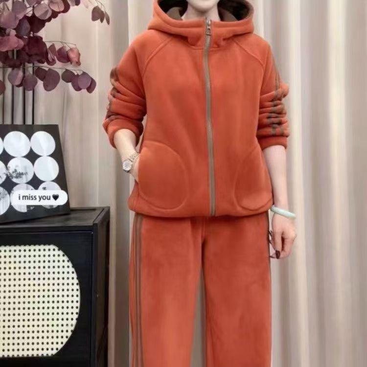 Korean High-End Casual Hoodie & Wide-Leg Pants Velvet Set