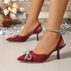 Pointed Pearl Sandals Bow High Heel Rhinestone Sandals Sexy Plus Size Stiletto Wedding Shoes