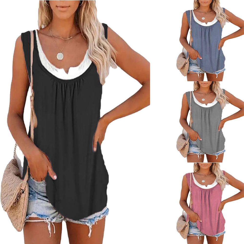 T-shirt con gilet senza maniche a due strati finto da donna patchwork estivo Canotta con fondo da donna elegante casual allentata