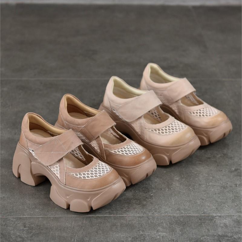 Johnature Leichte Sandalen aus echtem Leder mit dicker Sohle und ausgehöhlten Plateauschuhen für Damen