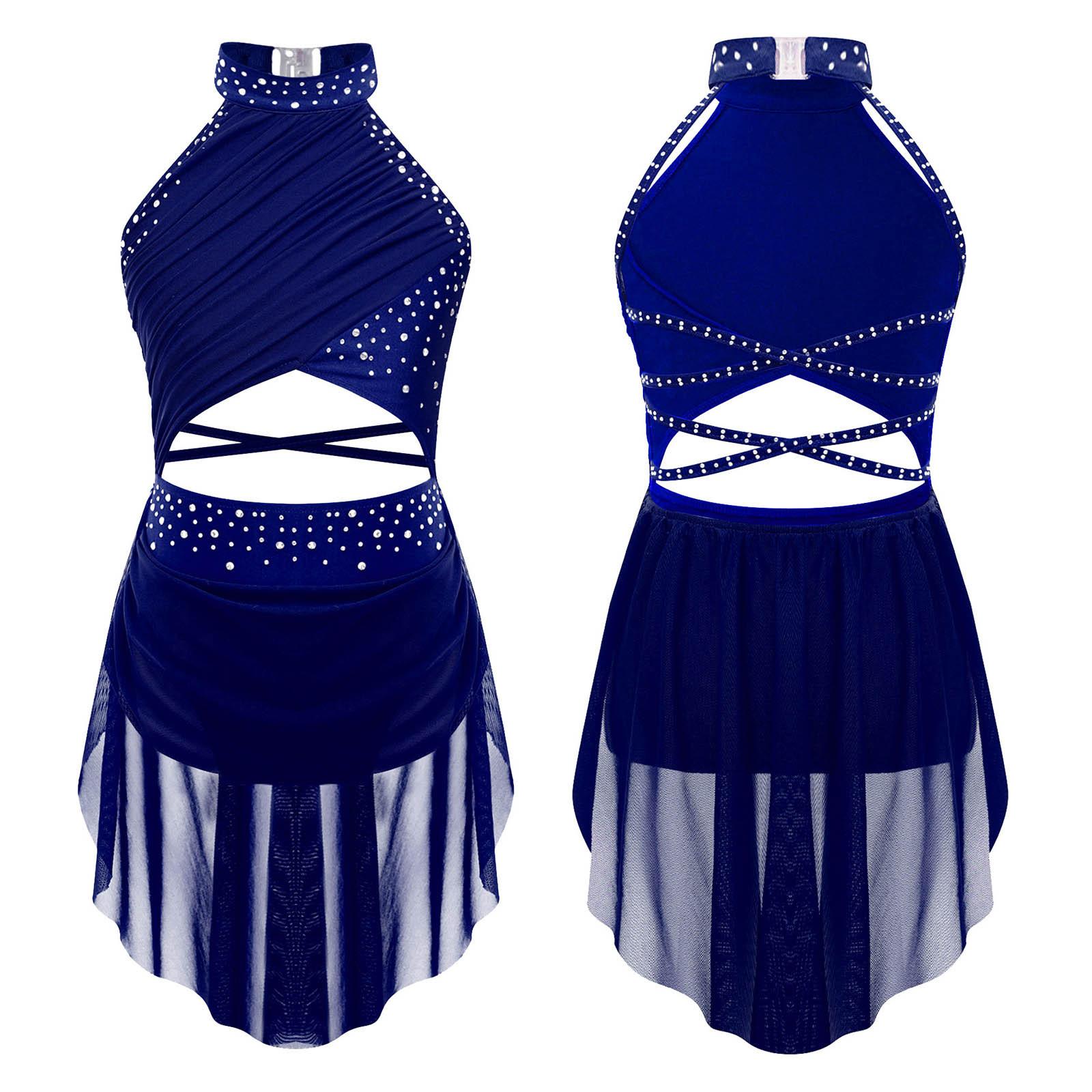 

Детский лирический танцевальный костюм для девочек, костюм для фигурного катания, балета, гимнастики, трико, платье без рукавов, танцевальная одежда со стразами 15-16 Years темно-синий