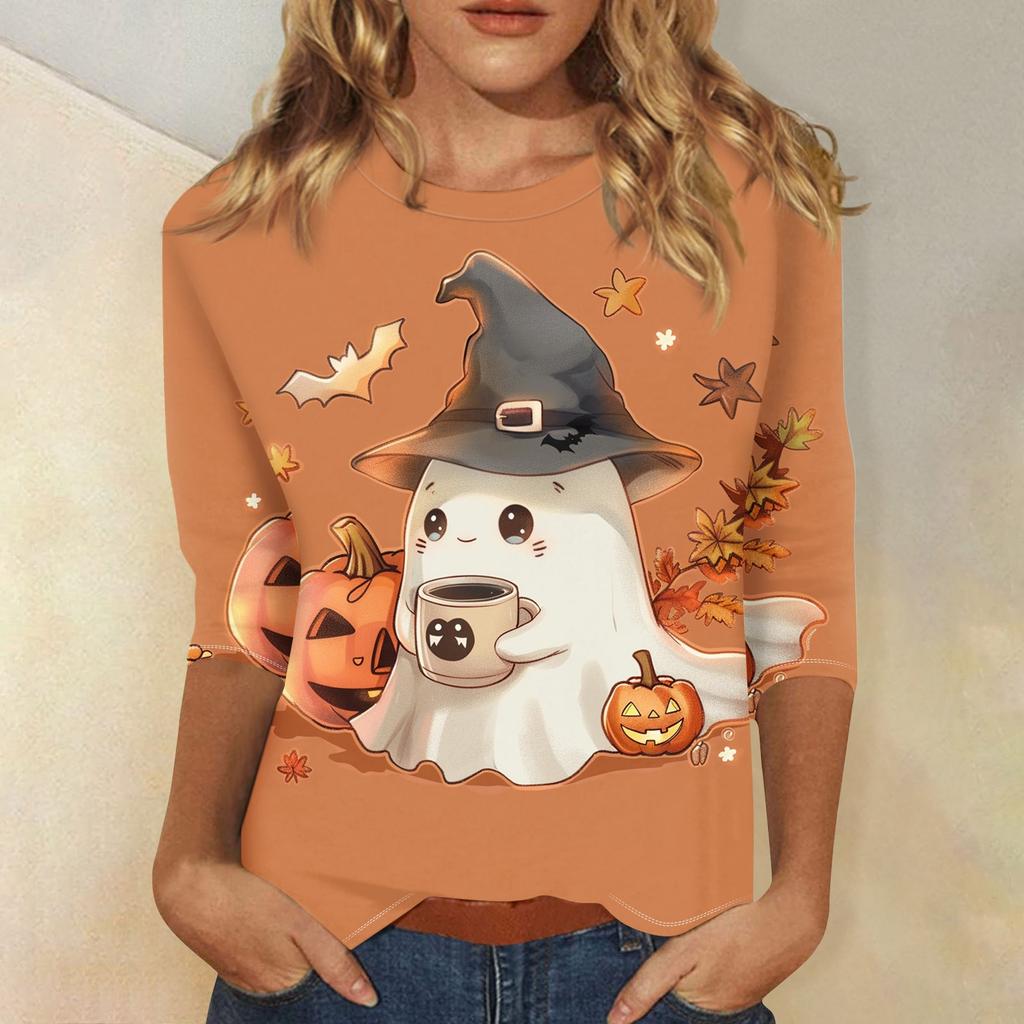Women's Fashion Casual Three-quarter Sleeve Halloween Printed Round Neck Top