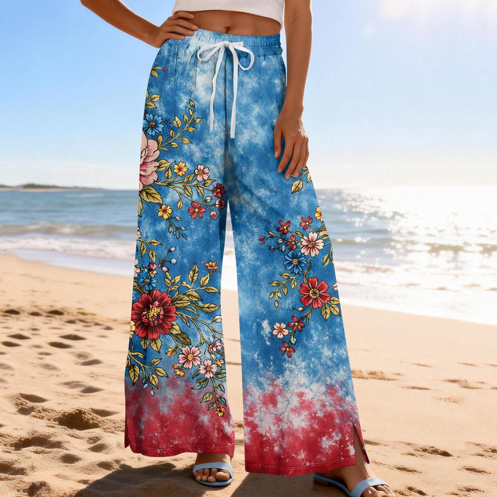 Dámské letní boho palazzo kalhoty s vysokým pasem a širokými nohavicemi, tisk, ležérní kalhoty s kapsami