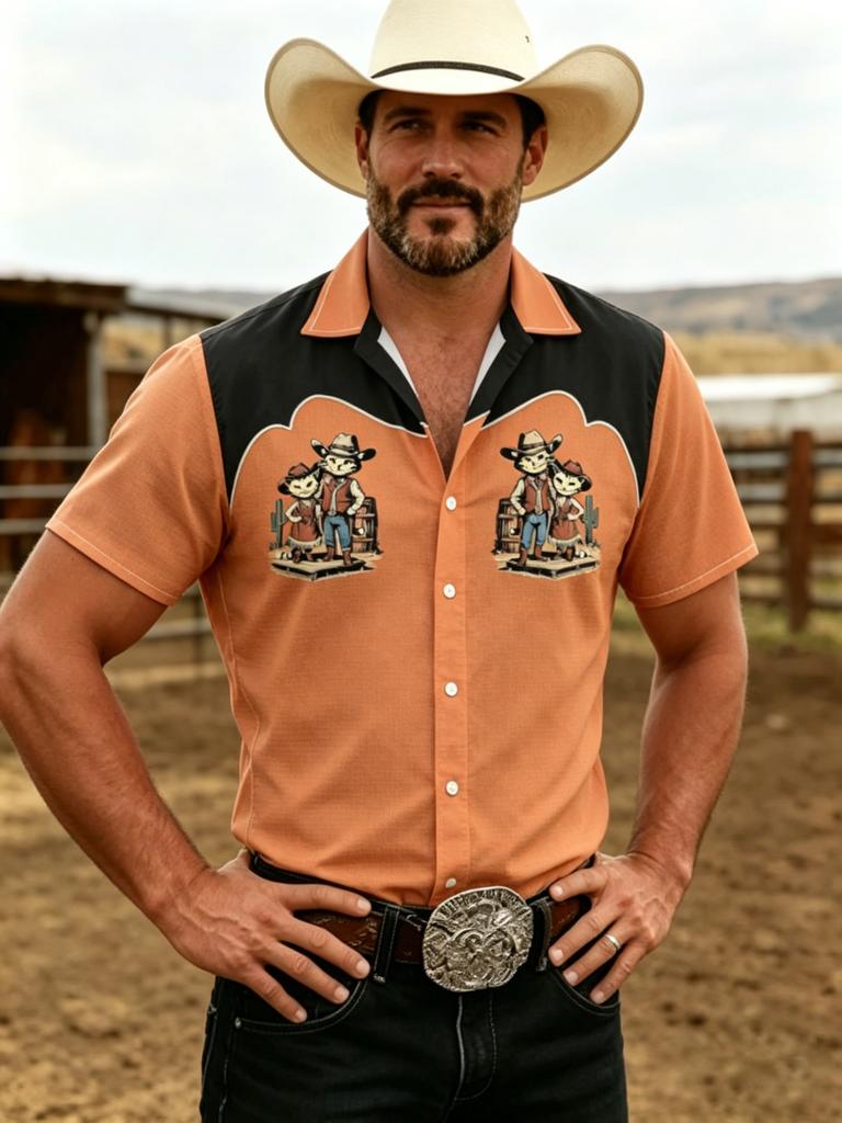 Printed Design – Not Textured Men's Shirt, Men's Fun Western Cowboy Cat Shirt - Hawaiian Beach Shirt with Button Front, Lightweight Tropical Vacation