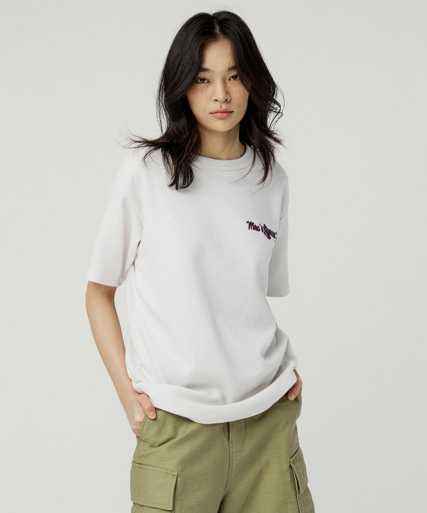 MAGOODGAN Swagber 3585 Waffle Chain Embroidery Semi-Overfit Dirty White Short Sleeve Tee