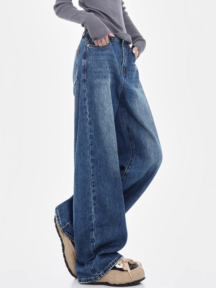 Spring New Vintage Washed Wide Leg Jeans Women 2000s High Waisted Straight Loose Slim Mop Pants Korea Chic Design Blue Denim Trousers