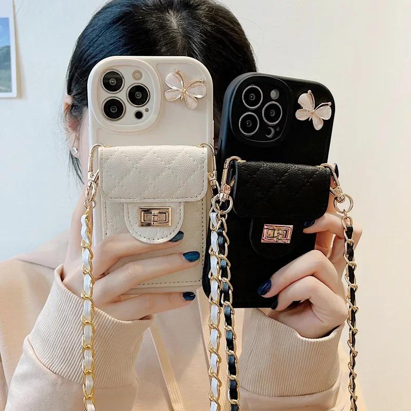 Luxury Cute Crossbody Leather Phone Case for IPhone 16 15 14 Plus 13 12 11 Pro Max XS XR X 7 8 Lanyard Card Holder Wallet Cover