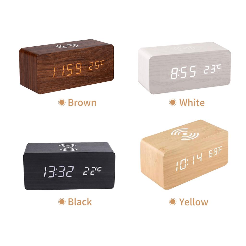 Digital Wooden Alarm Clock Electronic LED Time Display for Bedroom 10W Wireless Charging 3 Alarm Settings Date&Temp