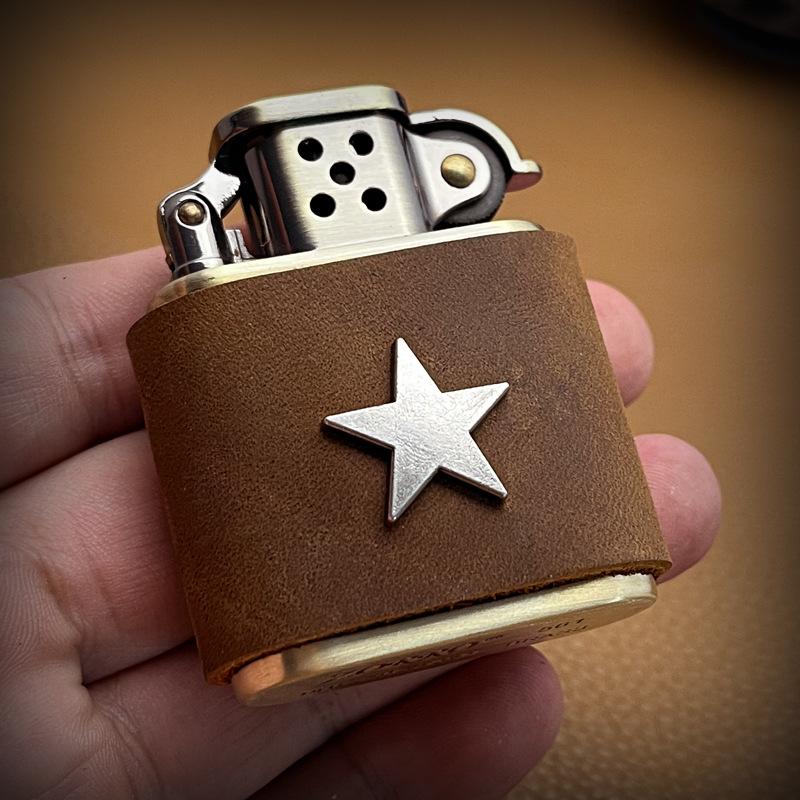 Zorro 506 Antique Silver Star Leather Brass Kerosene Lighter - Handmade Gift