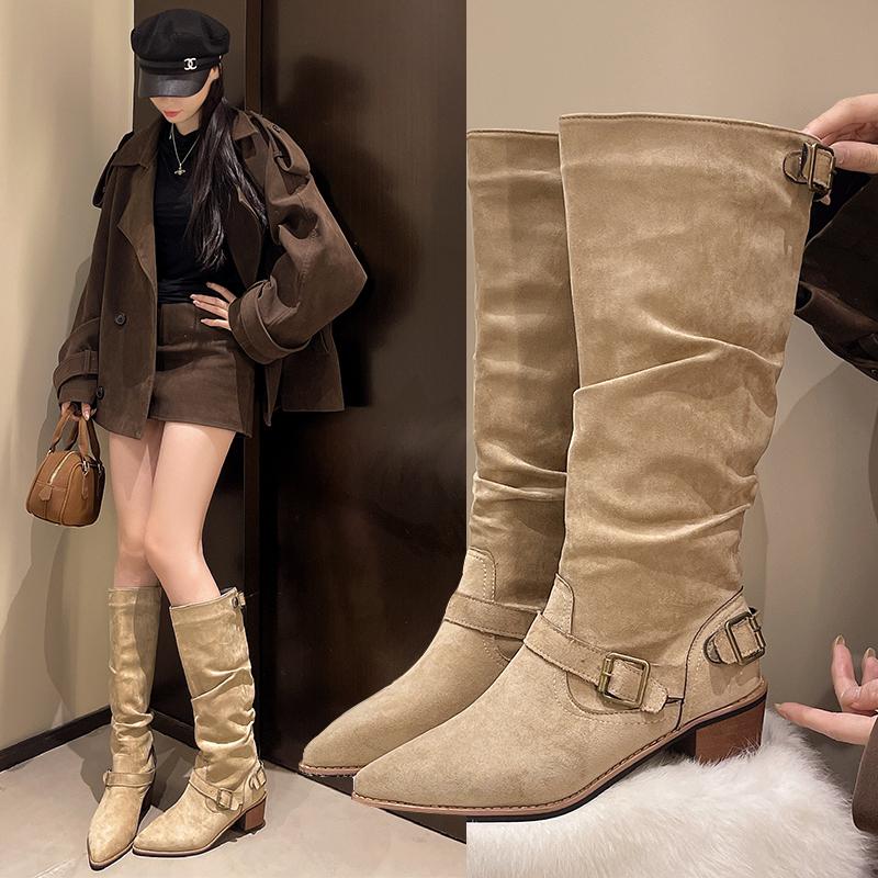 Fashion Knee High Boots Female Autumn Casual Slip on Women Shoes Square Mid Heels Solid Flock Square Buckle Motorcycle Boots