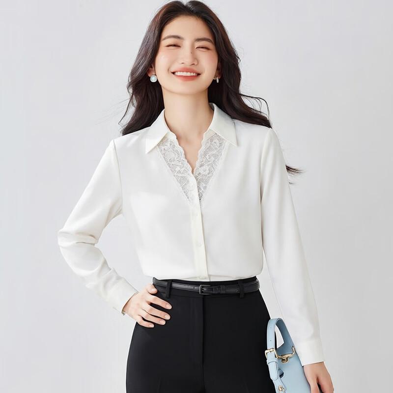 Zuose Lace Trim V-Neck Long-Sleeve Blouse