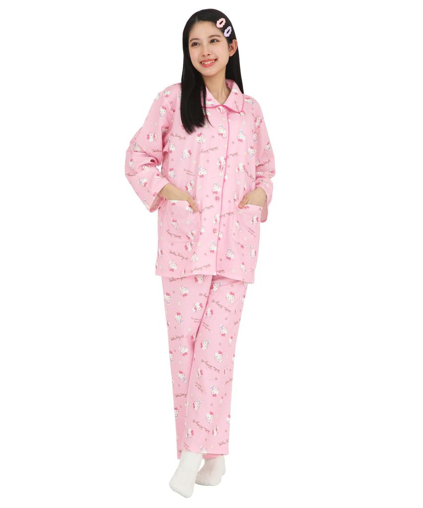 SAZAC Hello Kitty Knitted Quilted Shirt Long Sleeve and Pants Loungewear Women's Pajamas, Set, (Pink/M/SAN1854)