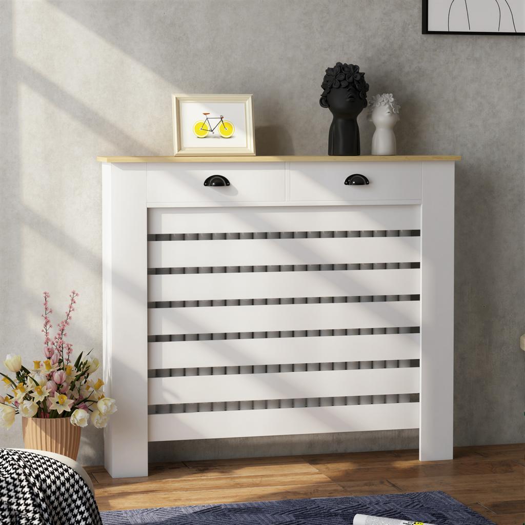 Radiator cover with horizontal slatted grille and 2 wooden drawers, 111W x 19D x 95.5H cm, white