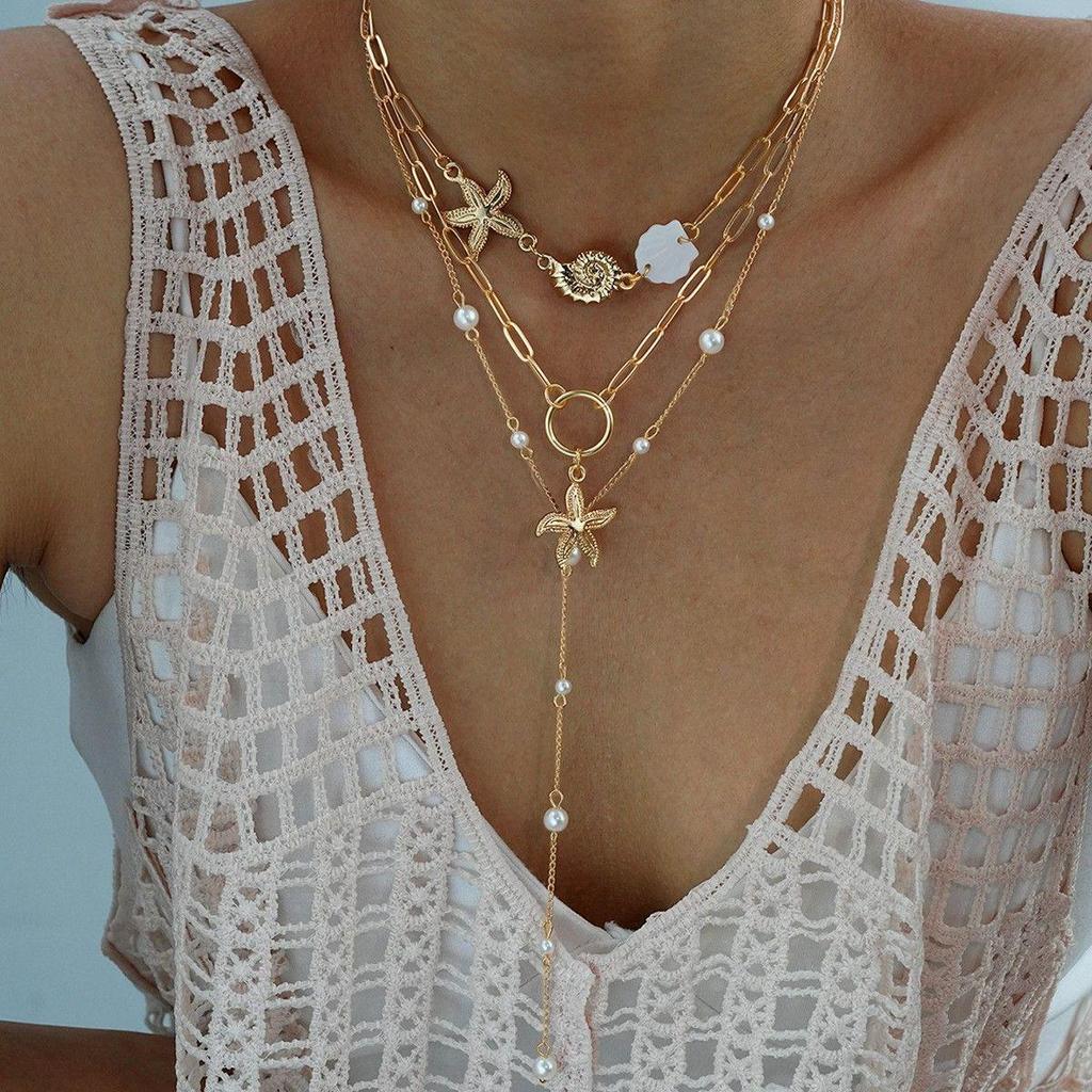 Women's Rhinestone Cross Pendant Tassel Layered Necklace