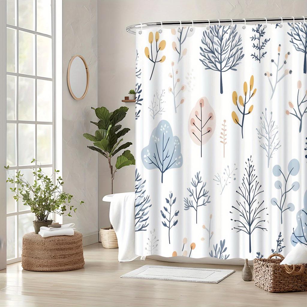 1 Aquarell Botanischer Duschvorhang - Hellblau-Beige mit zarten kahlen Ästen und kleinen Blättern, mit Haken, maschinenwaschbar