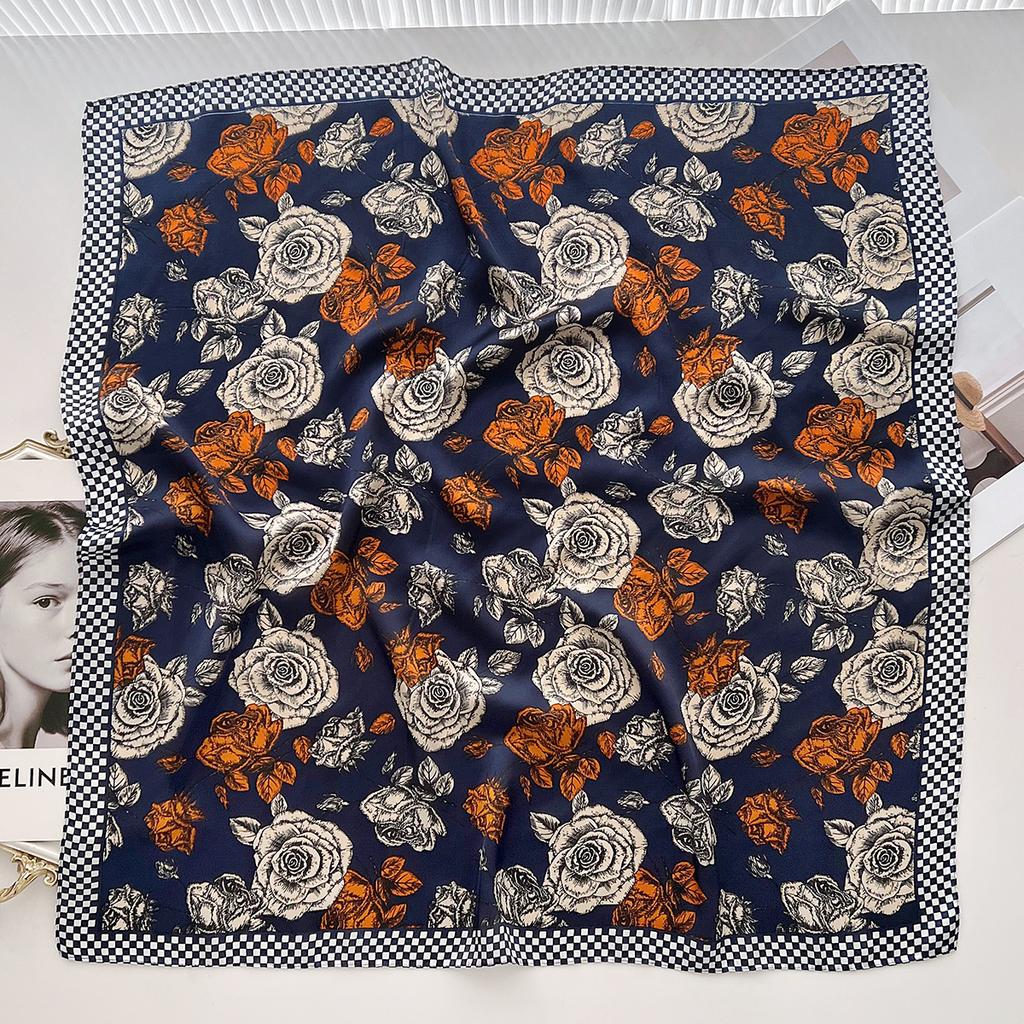 Spring printing imitation silk scarf, thin retro decorative strapping scarf, versatile foreign style with suit small square scarf