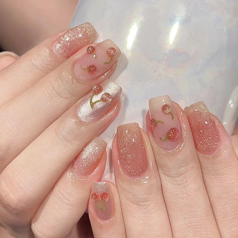 

Cherry Cartoon Handmade Press-On Nails - Medium-Long Sweet Style, Removable Nail Art Tips Glue Style