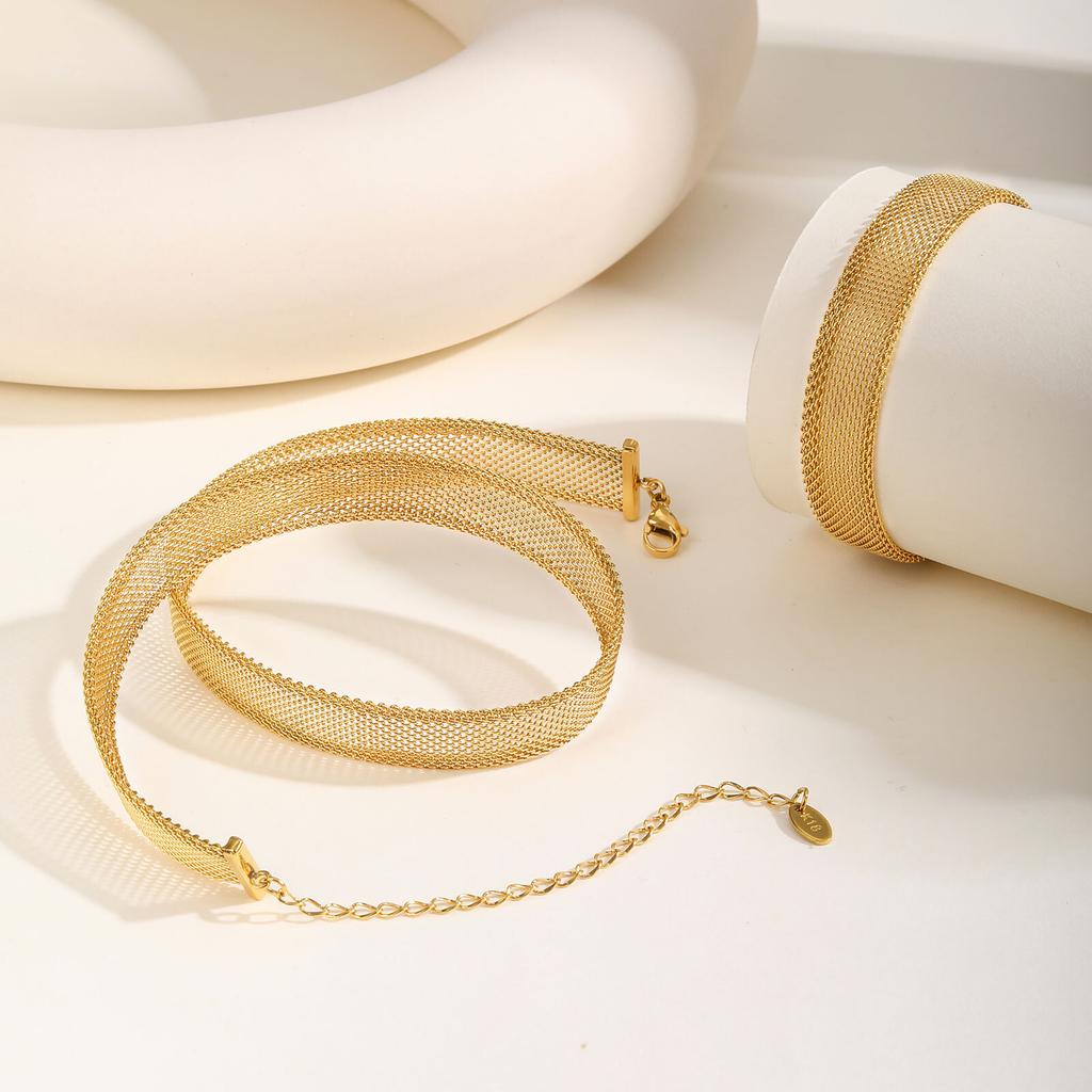 Vnox 12.5mm/6mm Wide Stainless Steel Mesh Chain Bracelet Necklace For Women,Gold Plated Link Oval Tail Fashion Jewelry Set