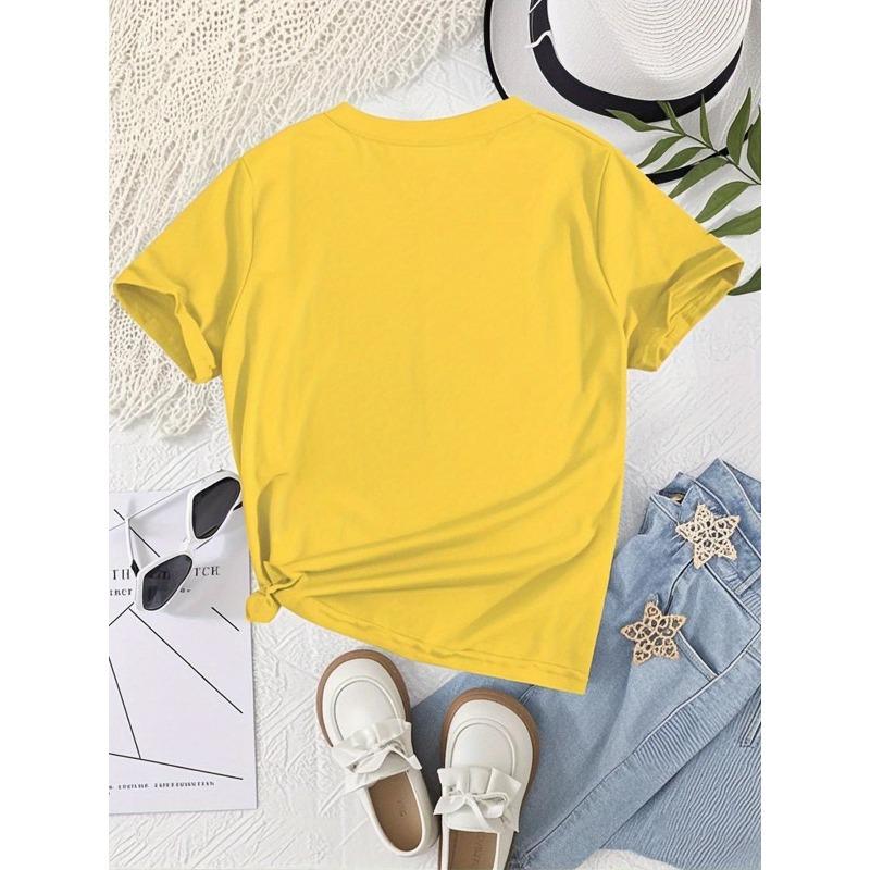 European Sizes Girls' Stylish Casual Print T-Shirt, Round Neck, Short Sleeves, with a Slight Stretch In The Fabric, Minimalist Style