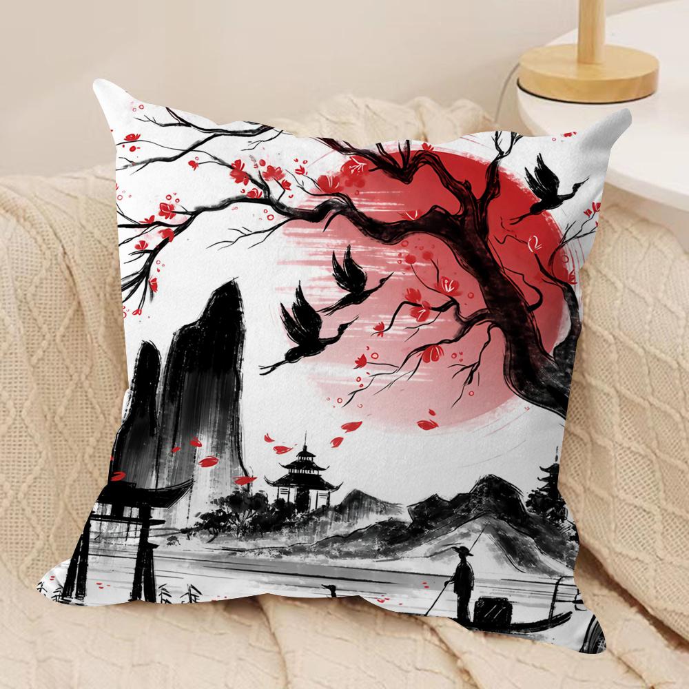 Japanese Pagoda Landscape Cushion Cover Plush Fabric Soft DoubleSided Printed Sofa Warm Winter Home Gift Pillow Cover