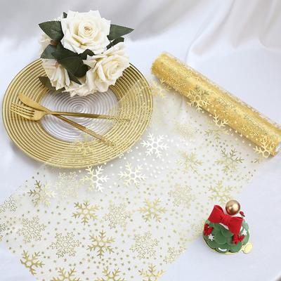 Christmas Snowflake Table Runner 11 Inch X 108 Inch Gold Silver Color Organza Table Runner Rolls for Winter Dining Tables Decor