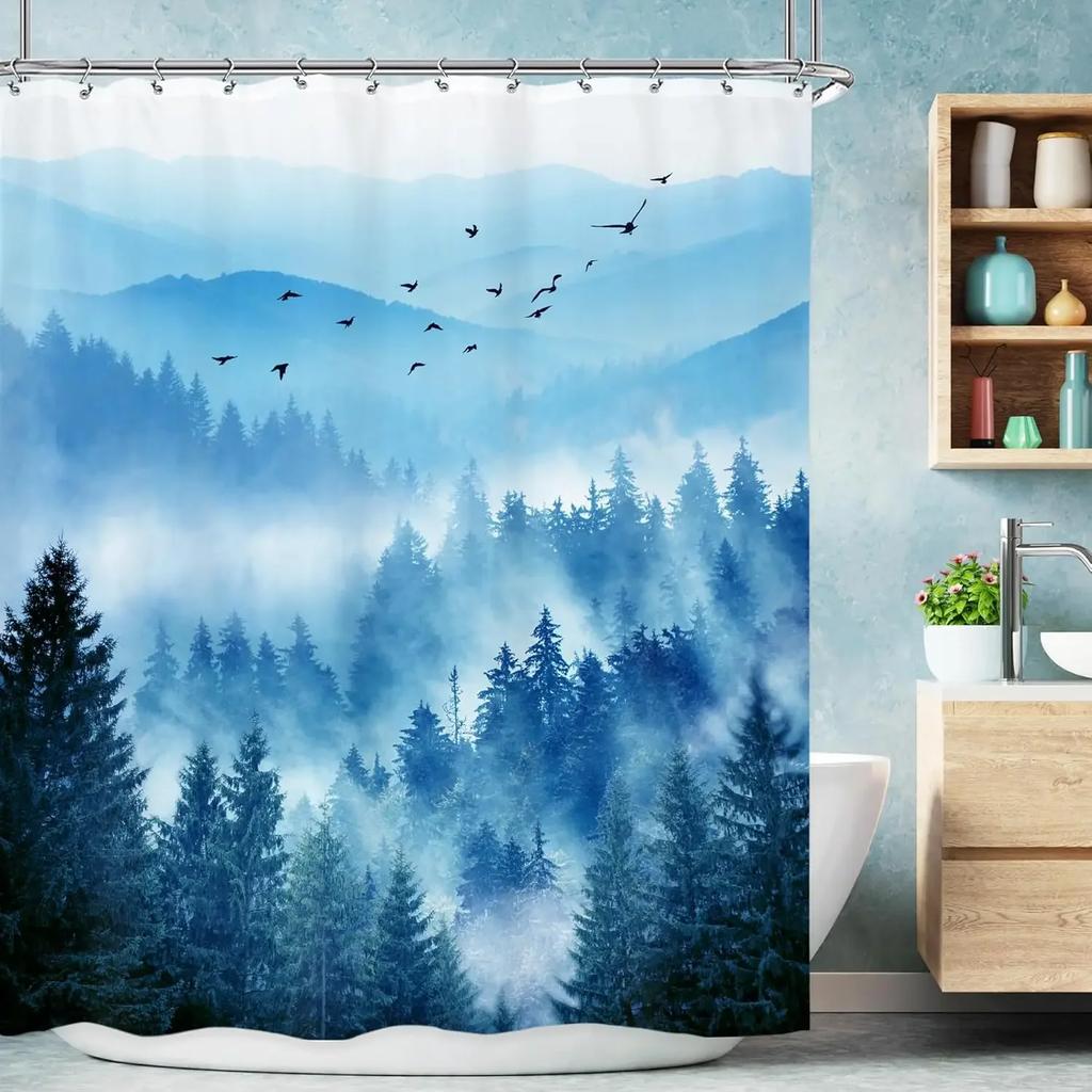 Green Shower Curtain Natural Mountain View Pine Bathroom Decorative Fabric Polyester Waterproof Shower Curtain 90X180CM