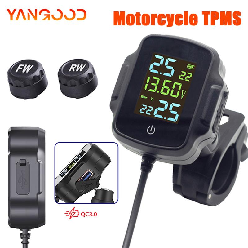 Motorcycle TPMS Security Alarm Tire Pressure Monitoring System QC 3.0 Fast Charging USB Output Accurate Tire Pressure Display