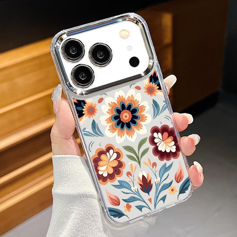 Cartoon Flowers Pattern Case For iPhone 17 Pro Max iPhone 16 15 14 13 Pro Max 11 17e 16e Plating Lens Frame Clear Soft Silicone Back Cover