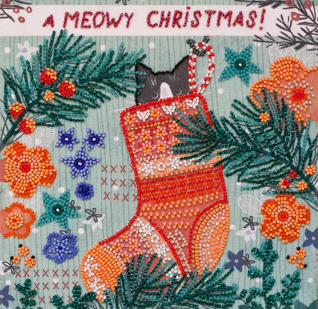 Midi Set for Embroidery with Beads On Natural Artistic Canvas Abris Art Cat Family