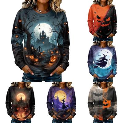 Women's Casual Long Sleeve Halloween Print Crewneck Sweatshirt